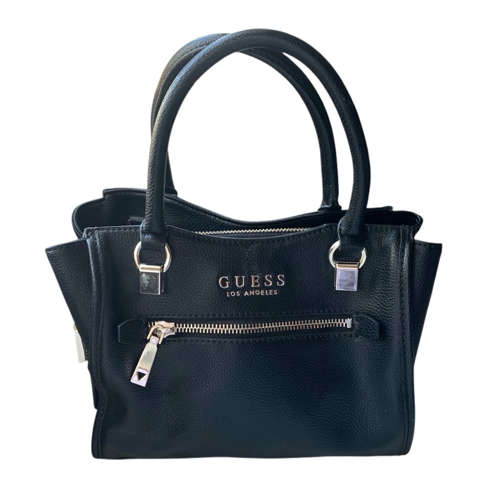 Guess Black Satchel with Gold Accents and Structured Design Handbag Purse Tote